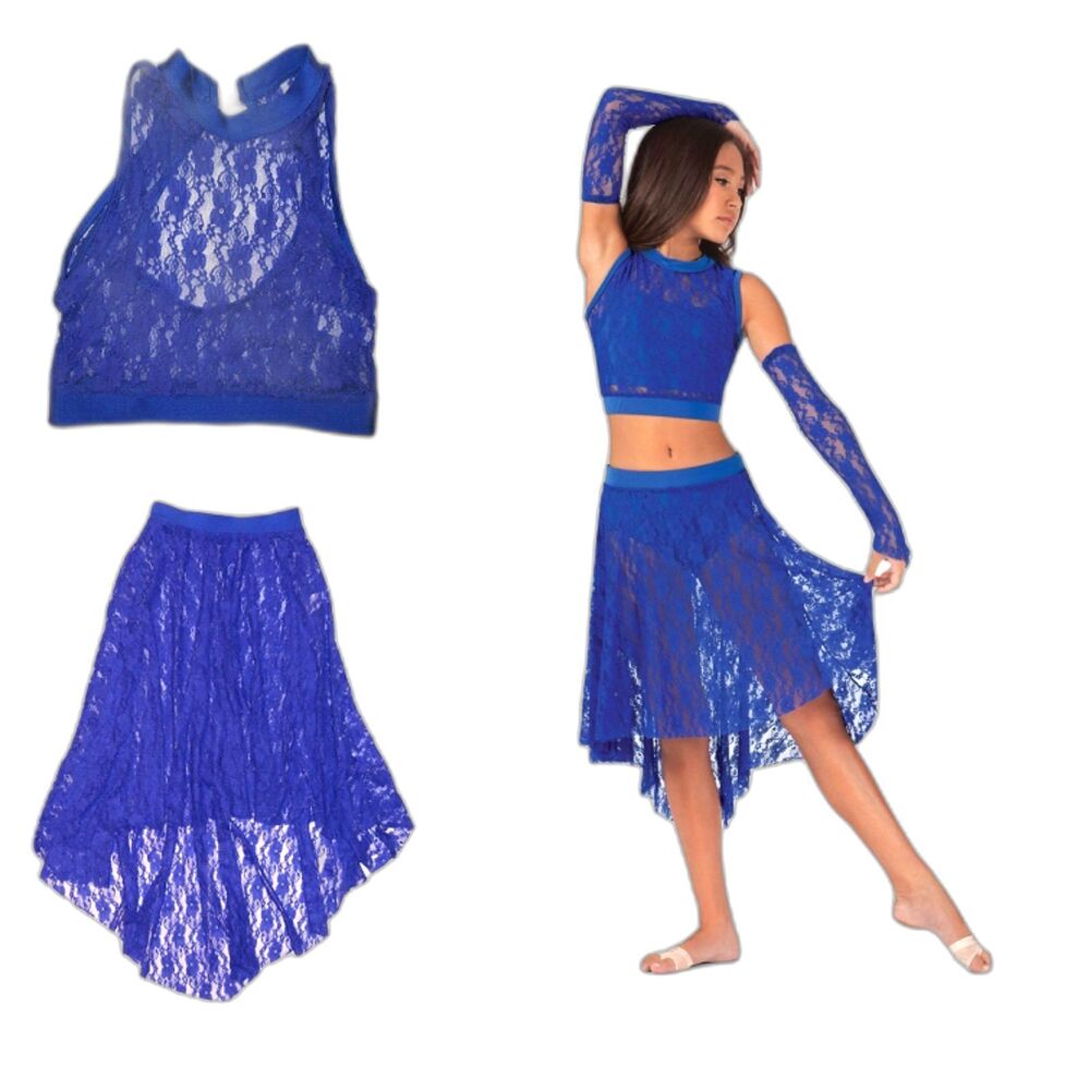 Blue lace dance costume girls S SA skirt crop top lyrical contemporary Cosplay